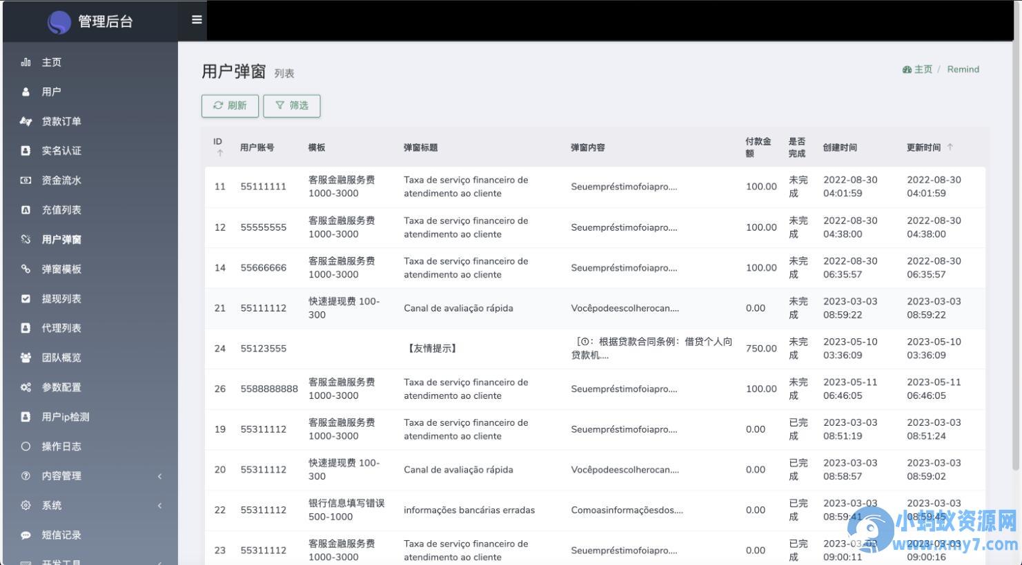 海外贷款产品源码 贷款系统源码 海外信贷产品源码 vue编译后前端 支持用户自弹窗消定义息
