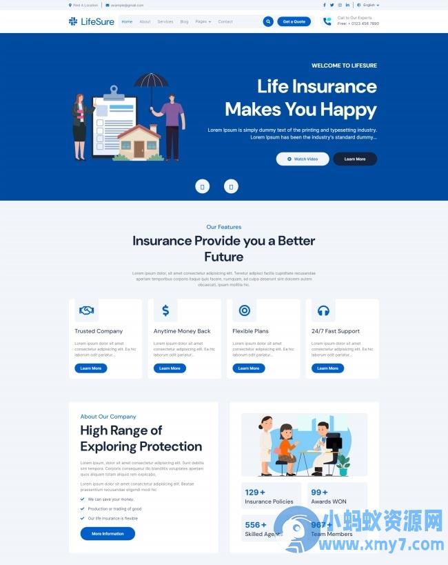 蓝色风格保险服务公司HTML5网站模板 – 聚源副业-聚源资源站